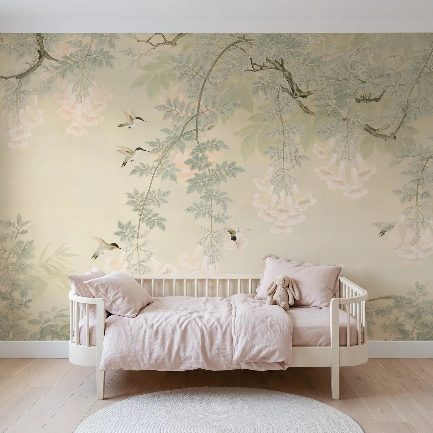 Botanical Elegance hummingbirds on trumpet-vine, wallpaper mural for a bedroom by Whimsy Tots
