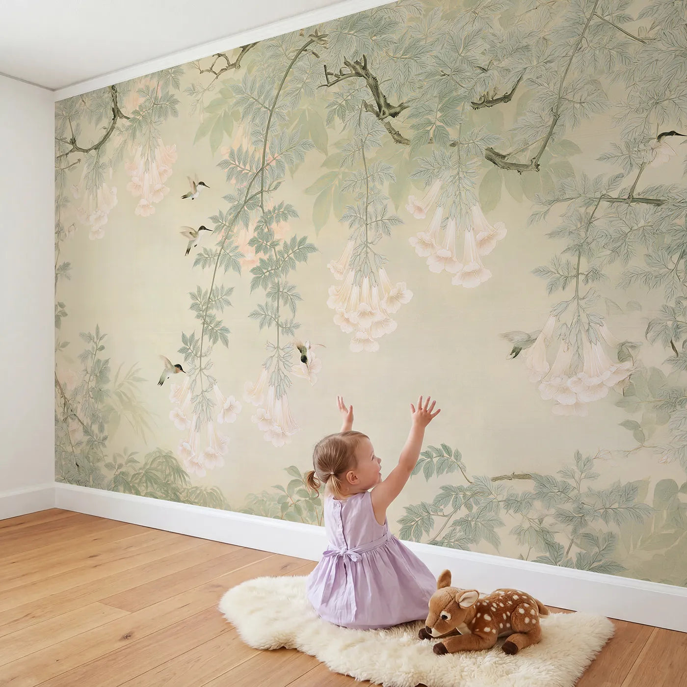 Child in nursery with The Trumpet-Vine Hummingbirds Wallpaper Mural by Whimsy Tots