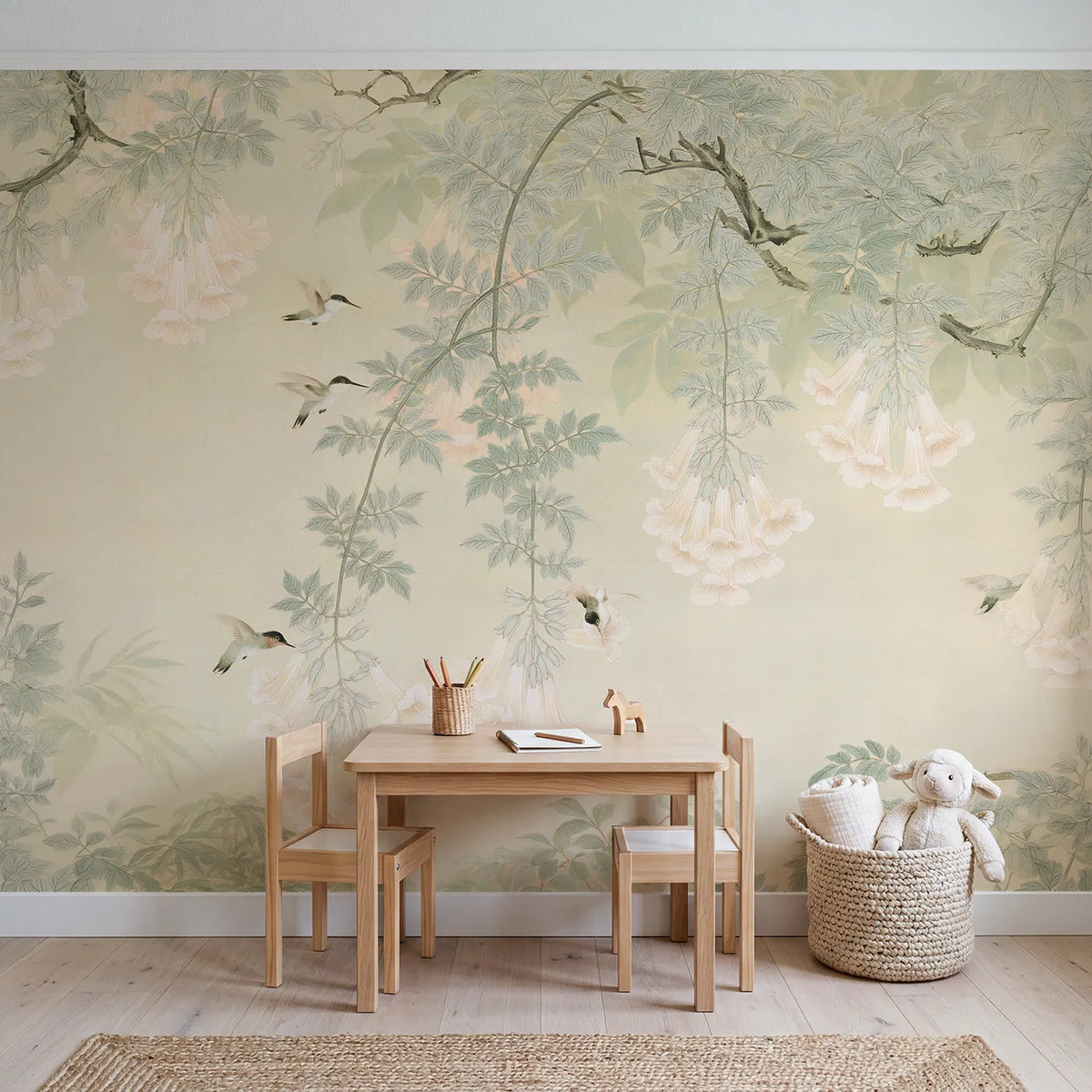 The Trumpet-Vine Hummingbirds Wallpaper Mural in playroom setting by Whimsy Tots