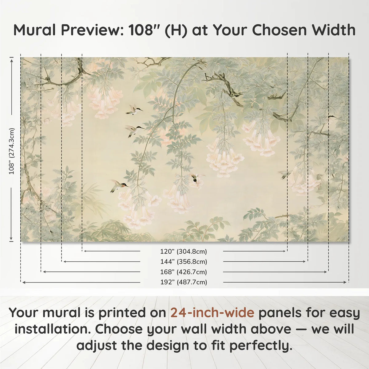 Panel layout and dimensions for The Trumpet-Vine Hummingbirds Wallpaper Mural by Whimsy Tots