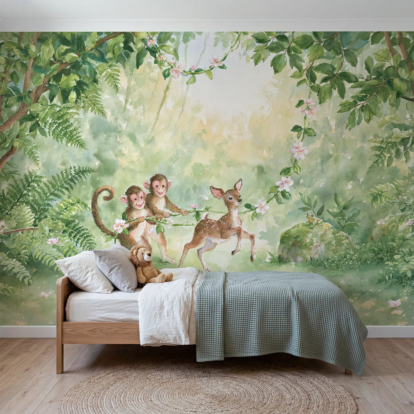 Watercolor monkeys turning a vine jump rope, wall mural for a big-kid bedroom by Whimsy Tots