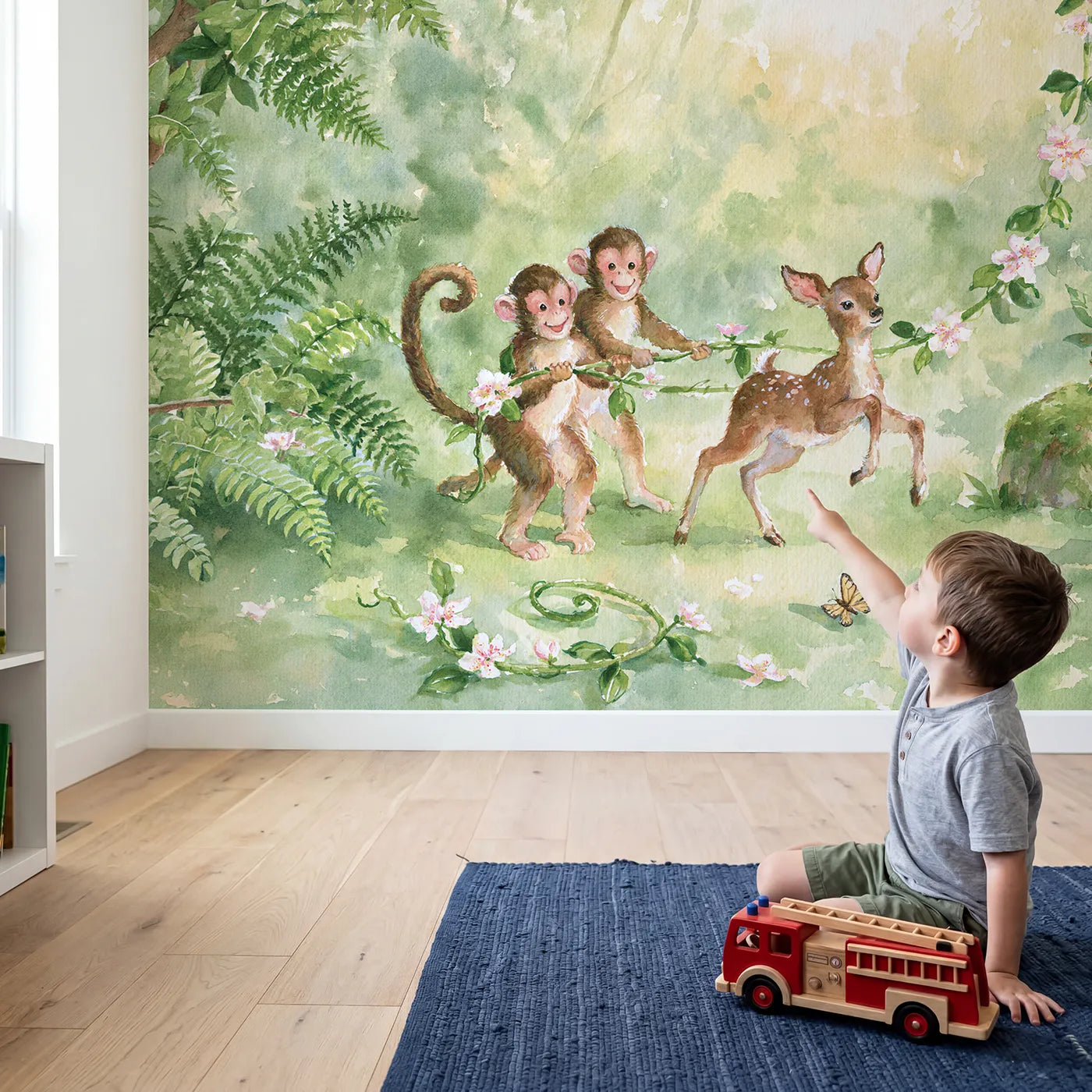 Child in nursery with Jungle Jump Rope Wallpaper Mural by Whimsy Tots