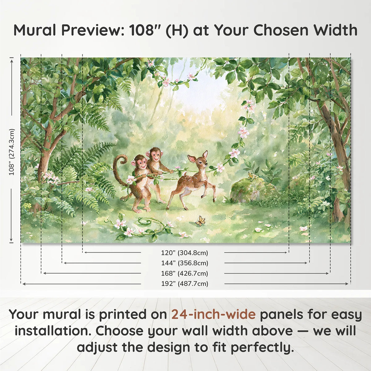 Panel layout and dimensions for Jungle Jump Rope Wallpaper Mural by Whimsy Tots
