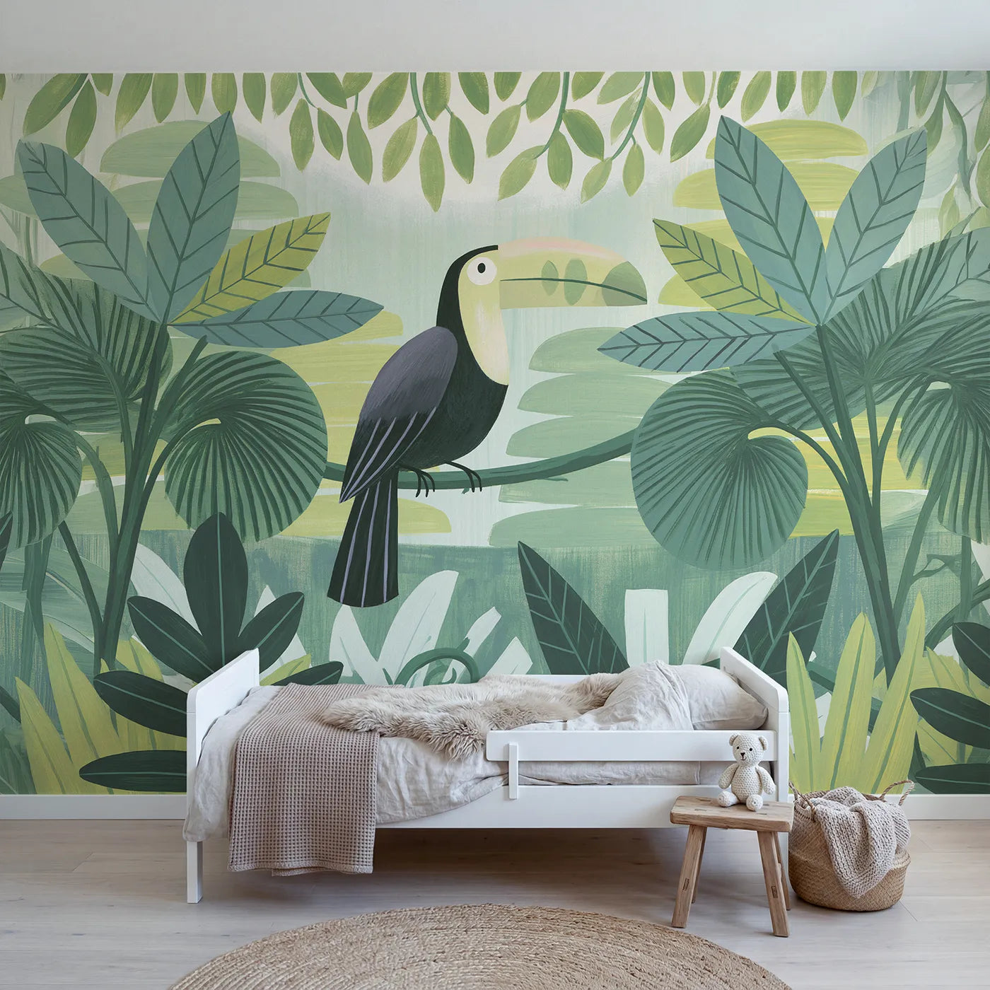 Gouache wall mural of a bold folk toucan by Whimsy Tots