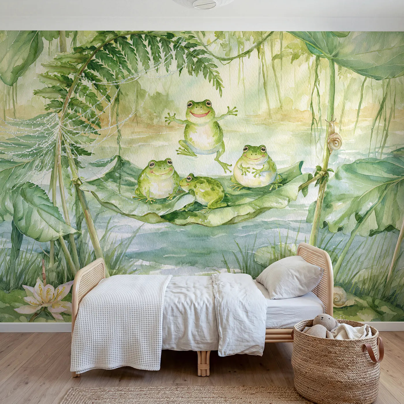 Watercolor frogs bouncing on a springy leaf, wall mural for a playroom by Whimsy Tots