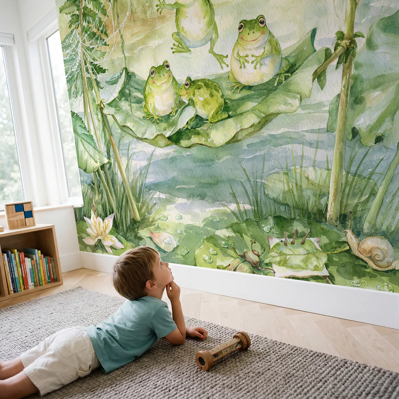 Child in nursery with Frog Leaf Trampoline Wallpaper Mural by Whimsy Tots
