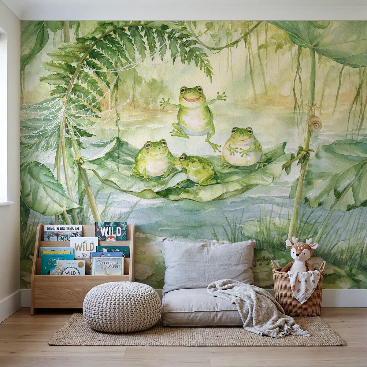 Frog Leaf Trampoline Wallpaper Mural in playroom setting by Whimsy Tots