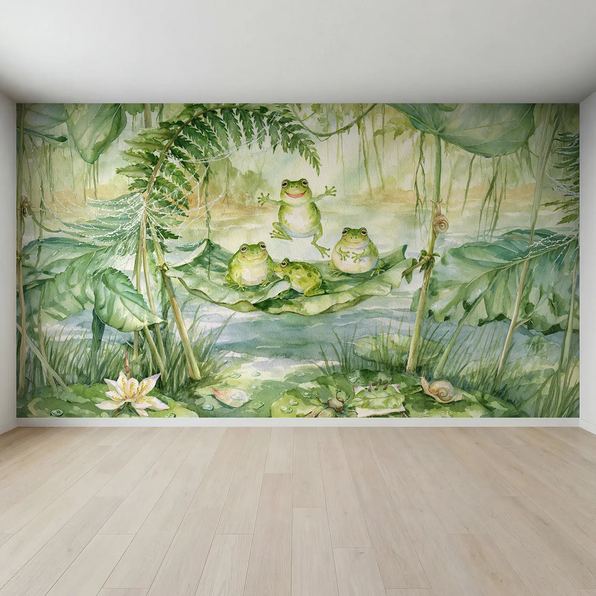 Full view of Frog Leaf Trampoline Wallpaper Mural by Whimsy Tots