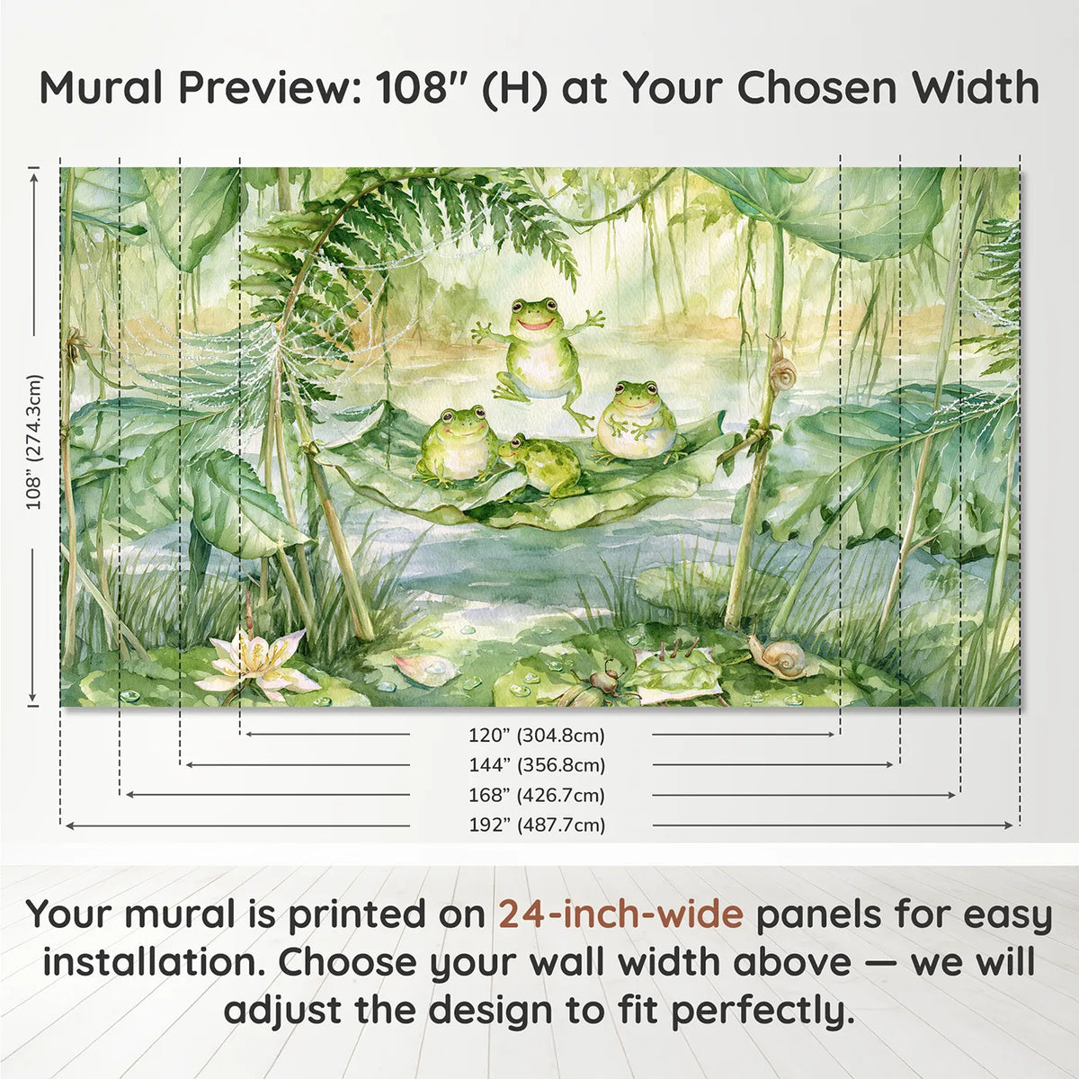 Panel layout and dimensions for Frog Leaf Trampoline Wallpaper Mural by Whimsy Tots