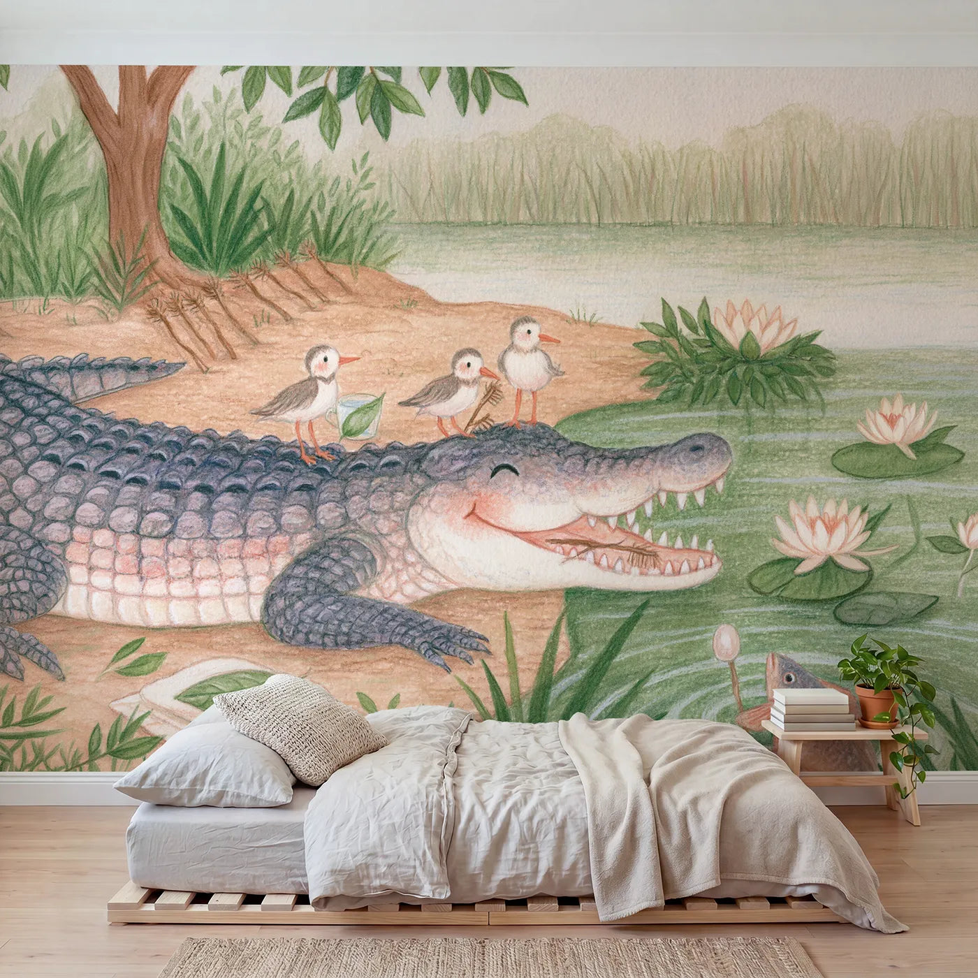 Colored Pencil birds brushing a crocodile smile, wallpaper mural for a toddler room by Whimsy Tots