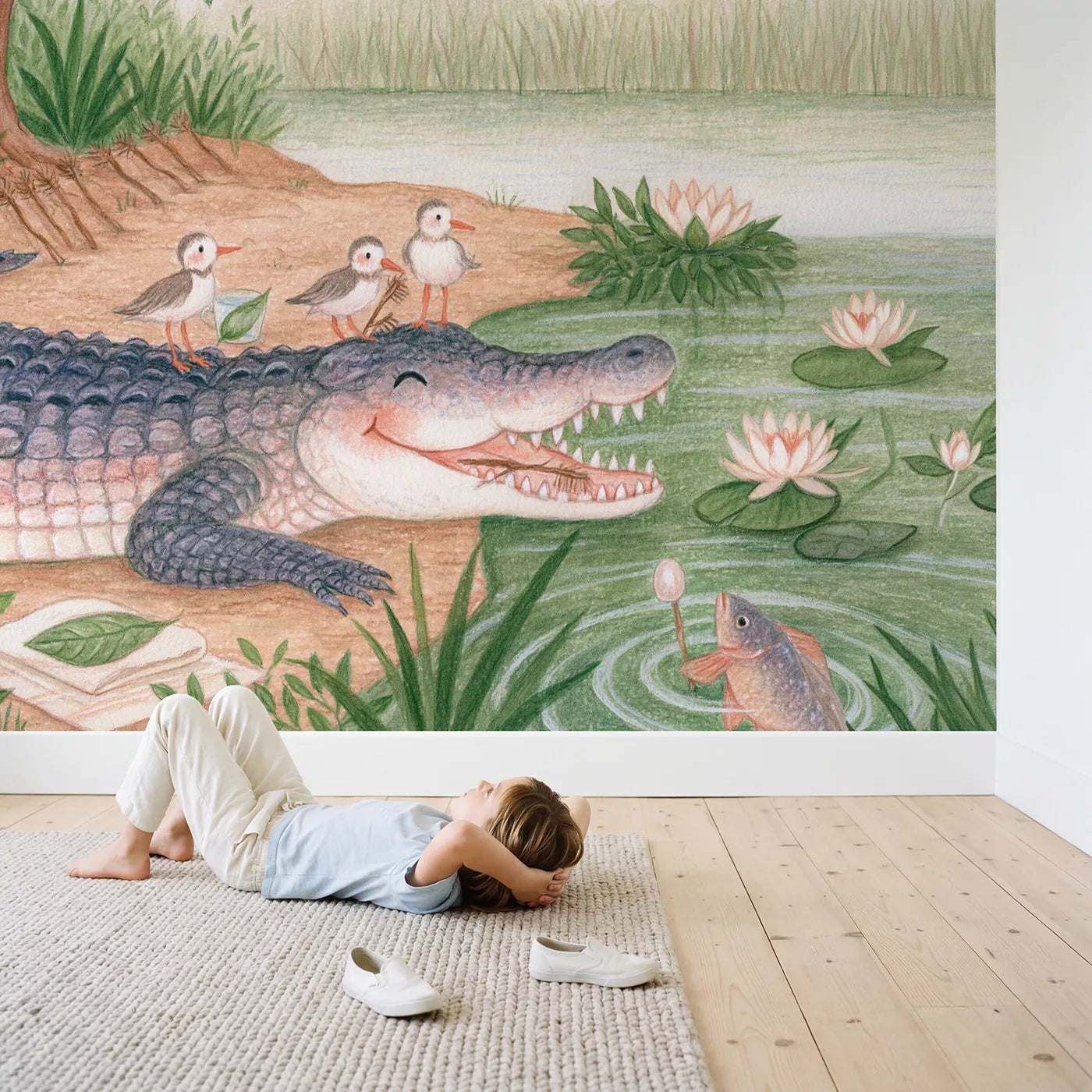 Child in nursery with Crocodile Toothbrush Morning Wallpaper Mural by Whimsy Tots