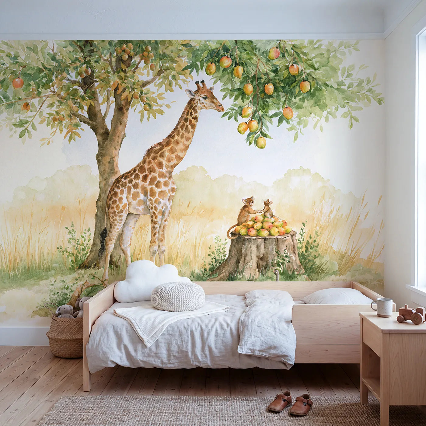 Watercolor giraffe passing mangoes to small friends, wall mural for a kids room by Whimsy Tots
