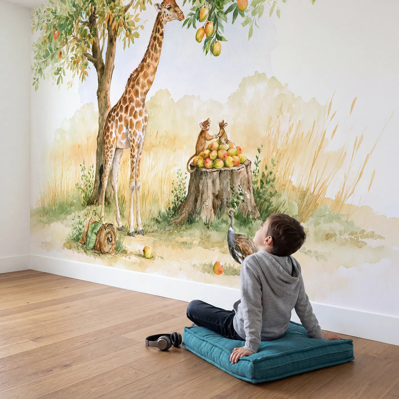 Child in nursery with Giraffe Fruit Pass Wallpaper Mural by Whimsy Tots