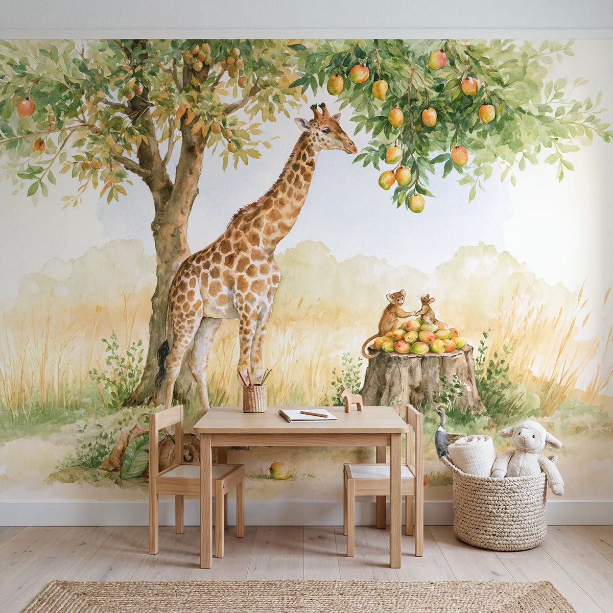 Giraffe Fruit Pass Wallpaper Mural in playroom setting by Whimsy Tots