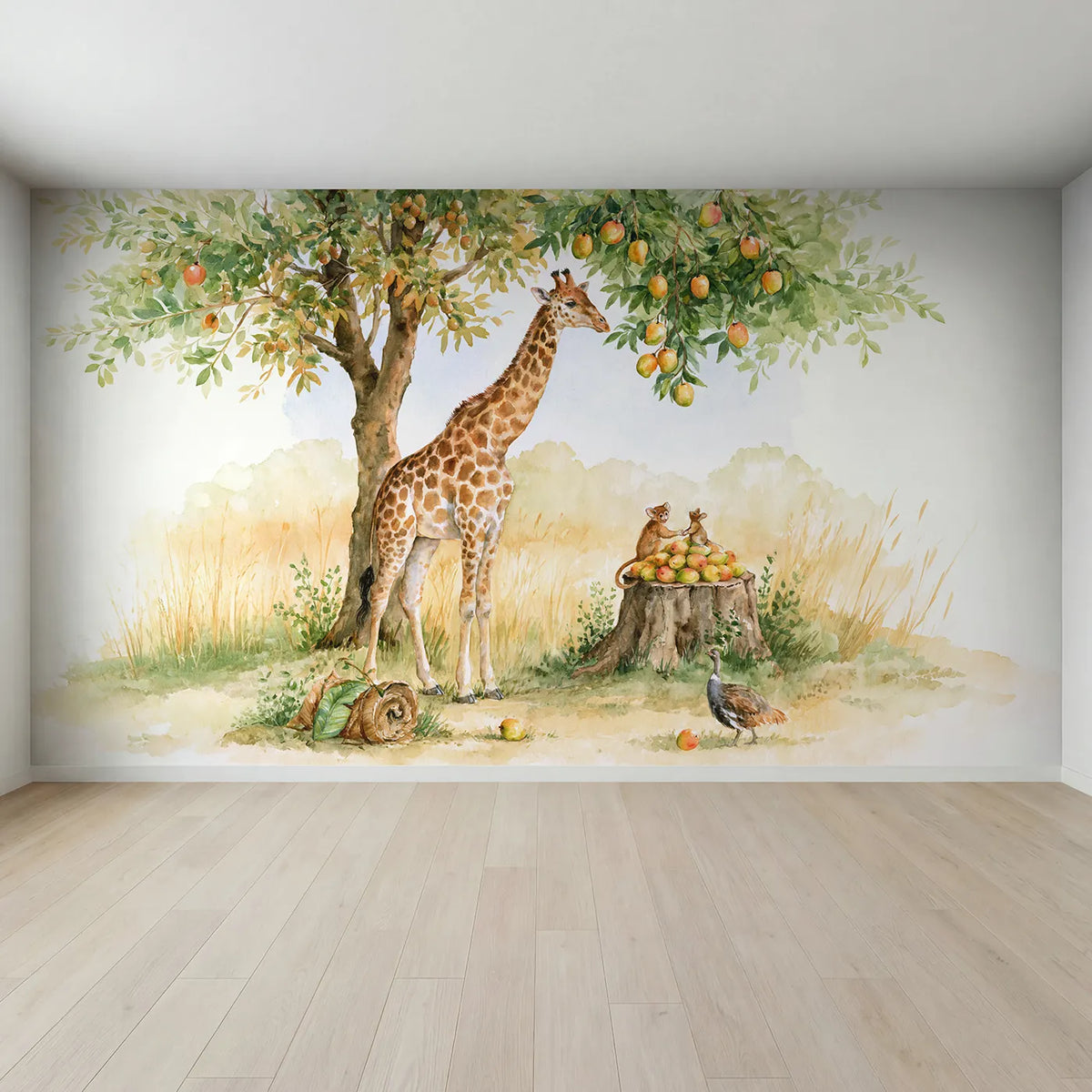 Full view of Giraffe Fruit Pass Wallpaper Mural by Whimsy Tots