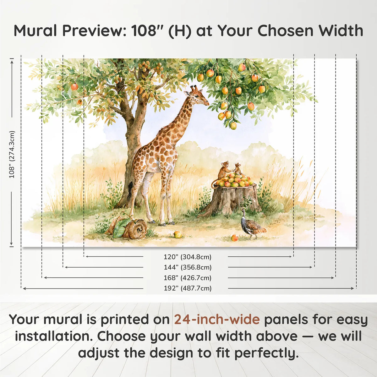 Panel layout and dimensions for Giraffe Fruit Pass Wallpaper Mural by Whimsy Tots