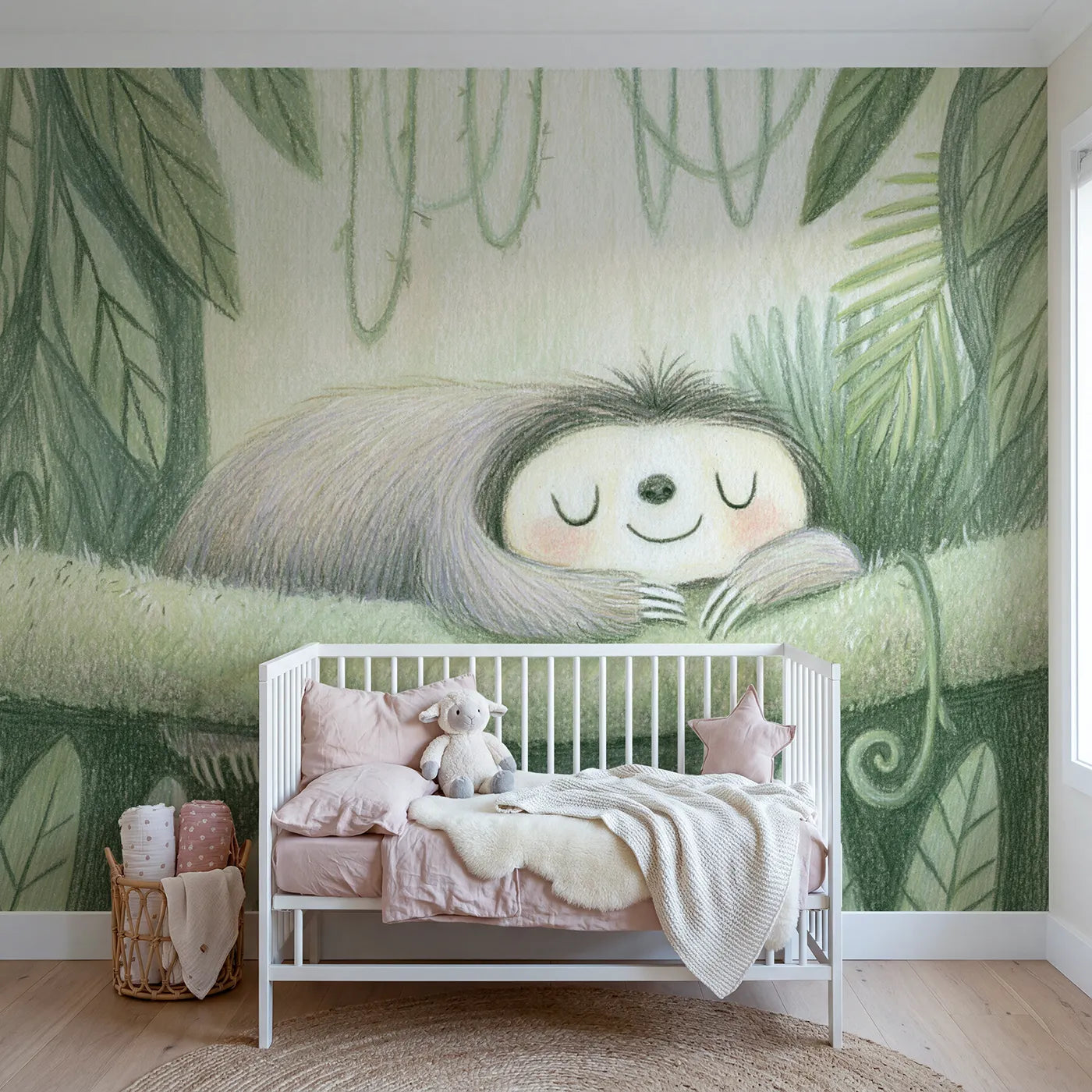 Colored-pencil wall mural of a baby sloth snuggling by Whimsy Tots