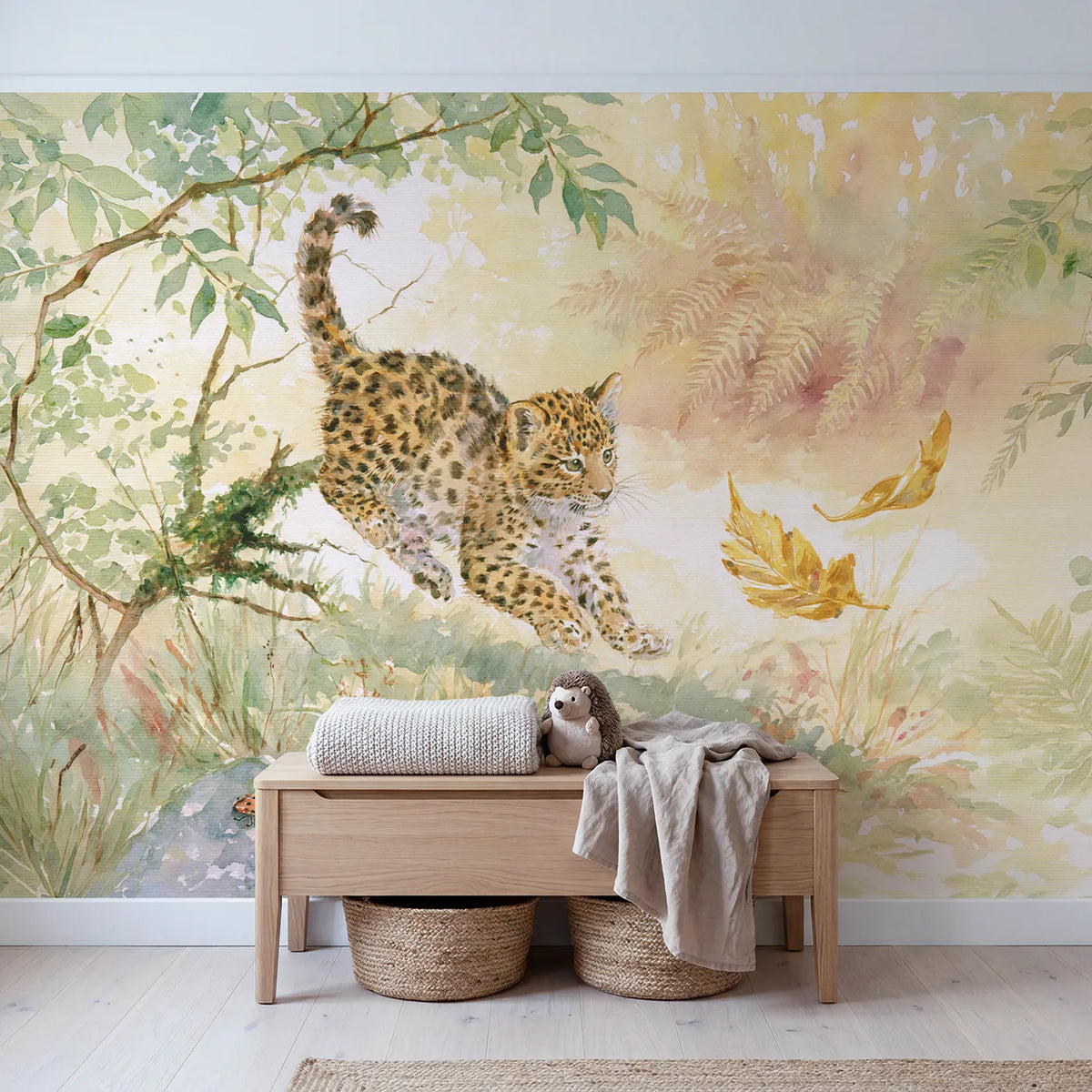 Leopard Cub Leaf Pounce Wallpaper Mural in playroom setting by Whimsy Tots
