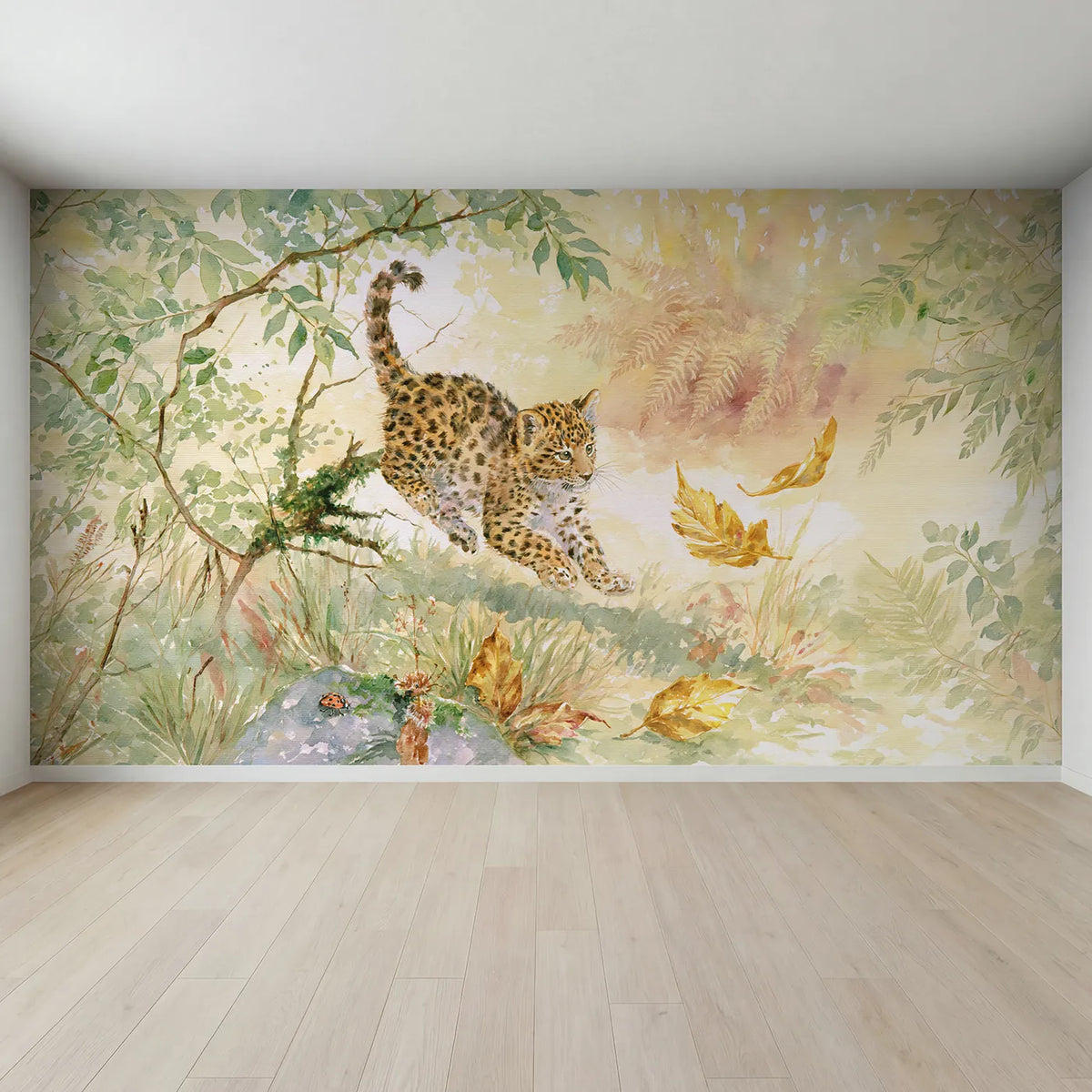 Full view of Leopard Cub Leaf Pounce Wallpaper Mural by Whimsy Tots