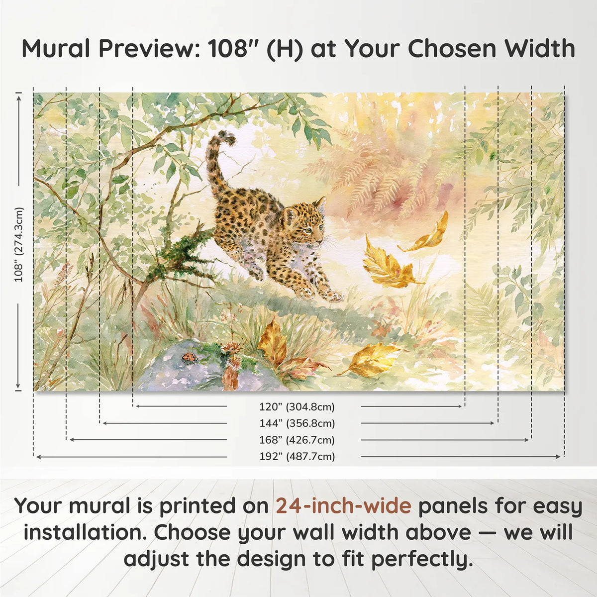 Panel layout and dimensions for Leopard Cub Leaf Pounce Wallpaper Mural by Whimsy Tots
