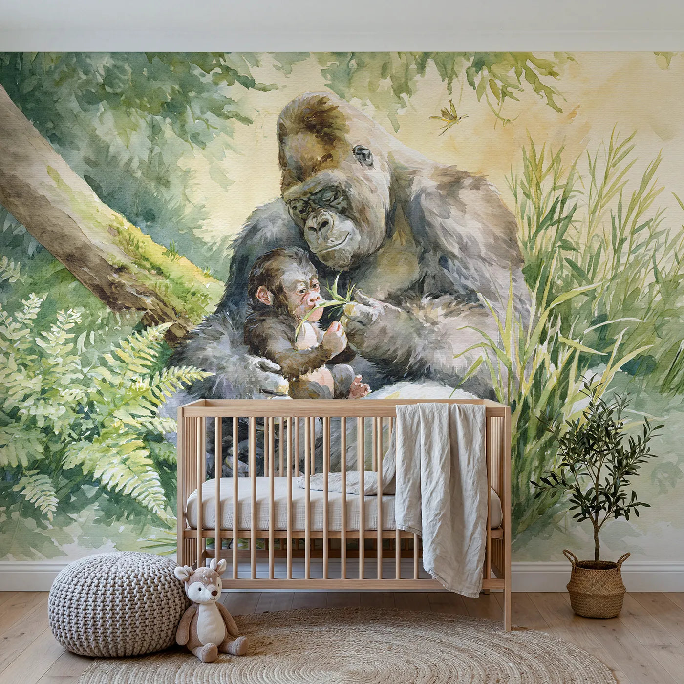 Watercolor gorilla teaching a young one to whistle, wall mural for a toddler room by Whimsy Tots