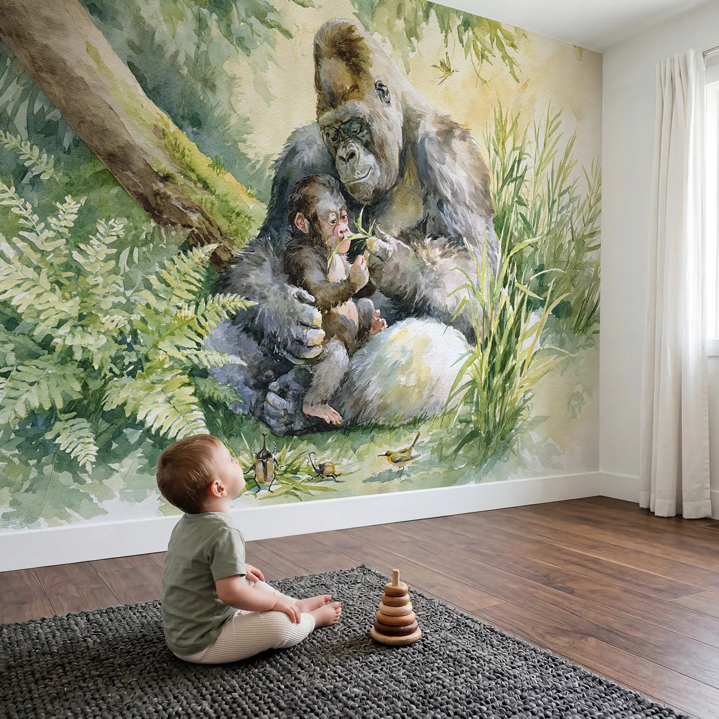 Child in nursery with Gorilla Grass Whistle Wallpaper Mural by Whimsy Tots