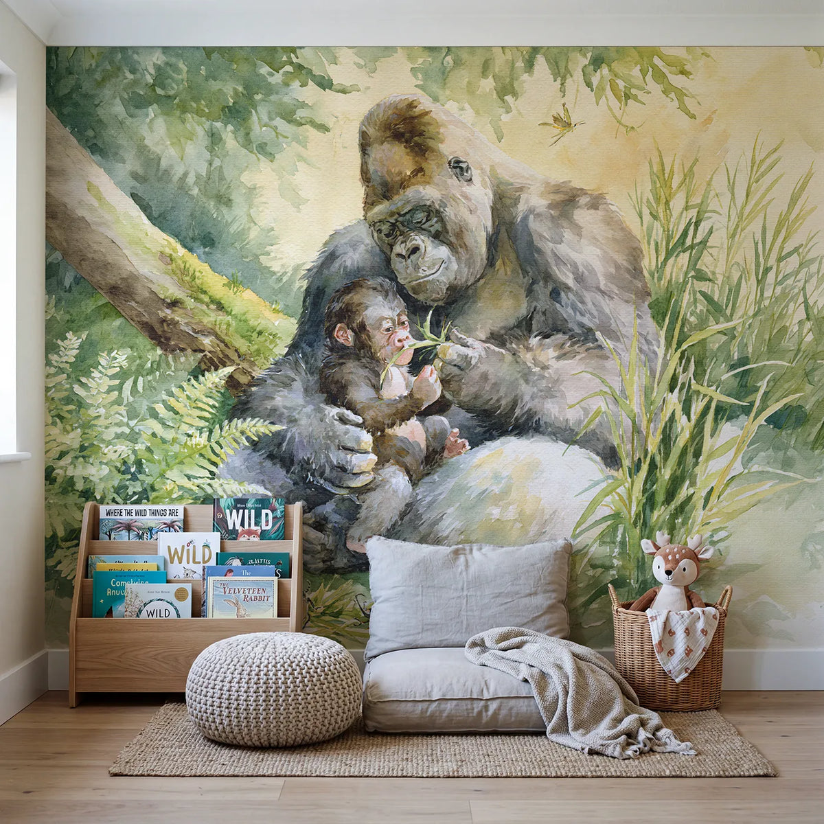 Gorilla Grass Whistle Wallpaper Mural in playroom setting by Whimsy Tots