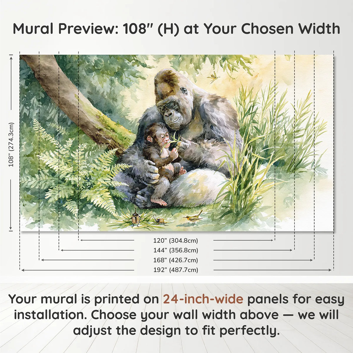 Panel layout and dimensions for Gorilla Grass Whistle Wallpaper Mural by Whimsy Tots