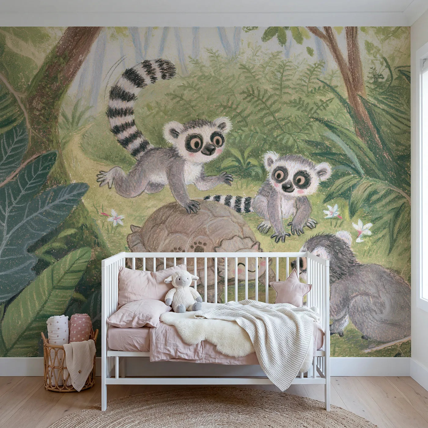 Colored Pencil lemurs leapfrogging over a tortoise, wall mural for a playroom by Whimsy Tots