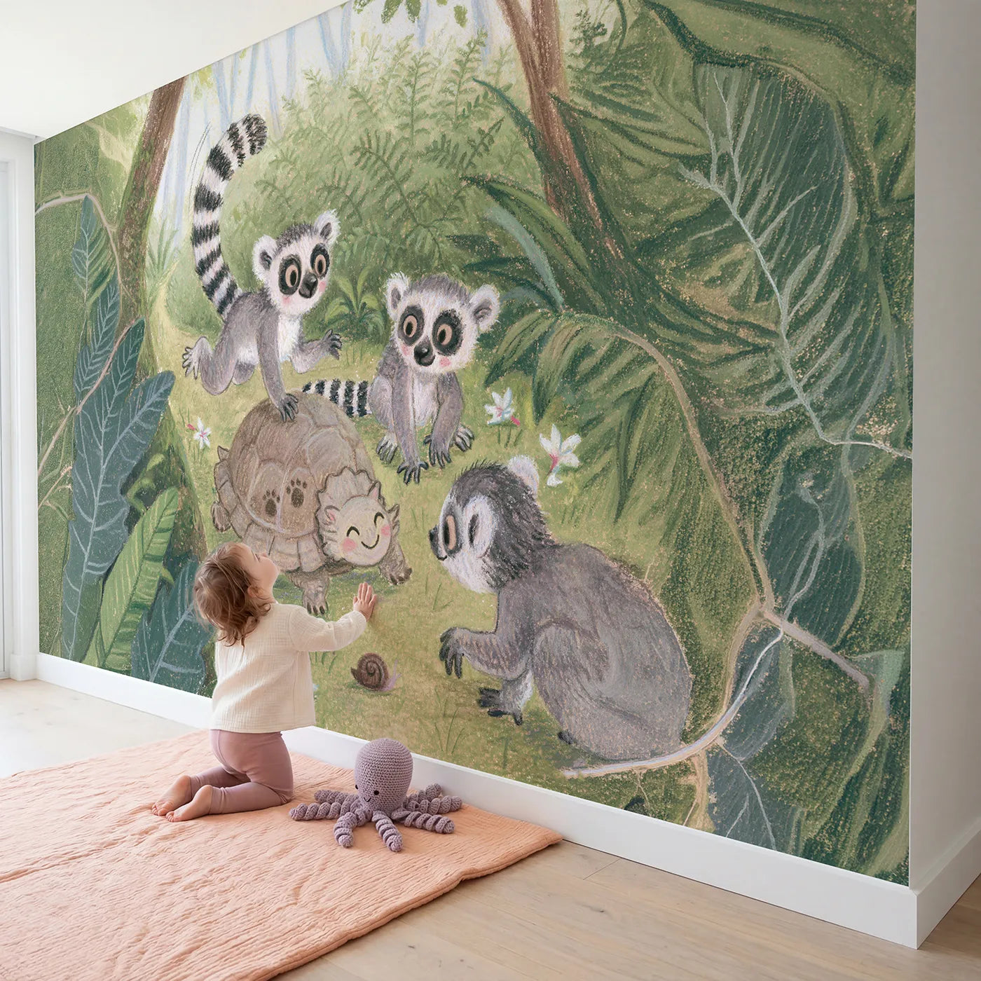 Child in nursery with Lemur Leapfrog Wallpaper Mural by Whimsy Tots