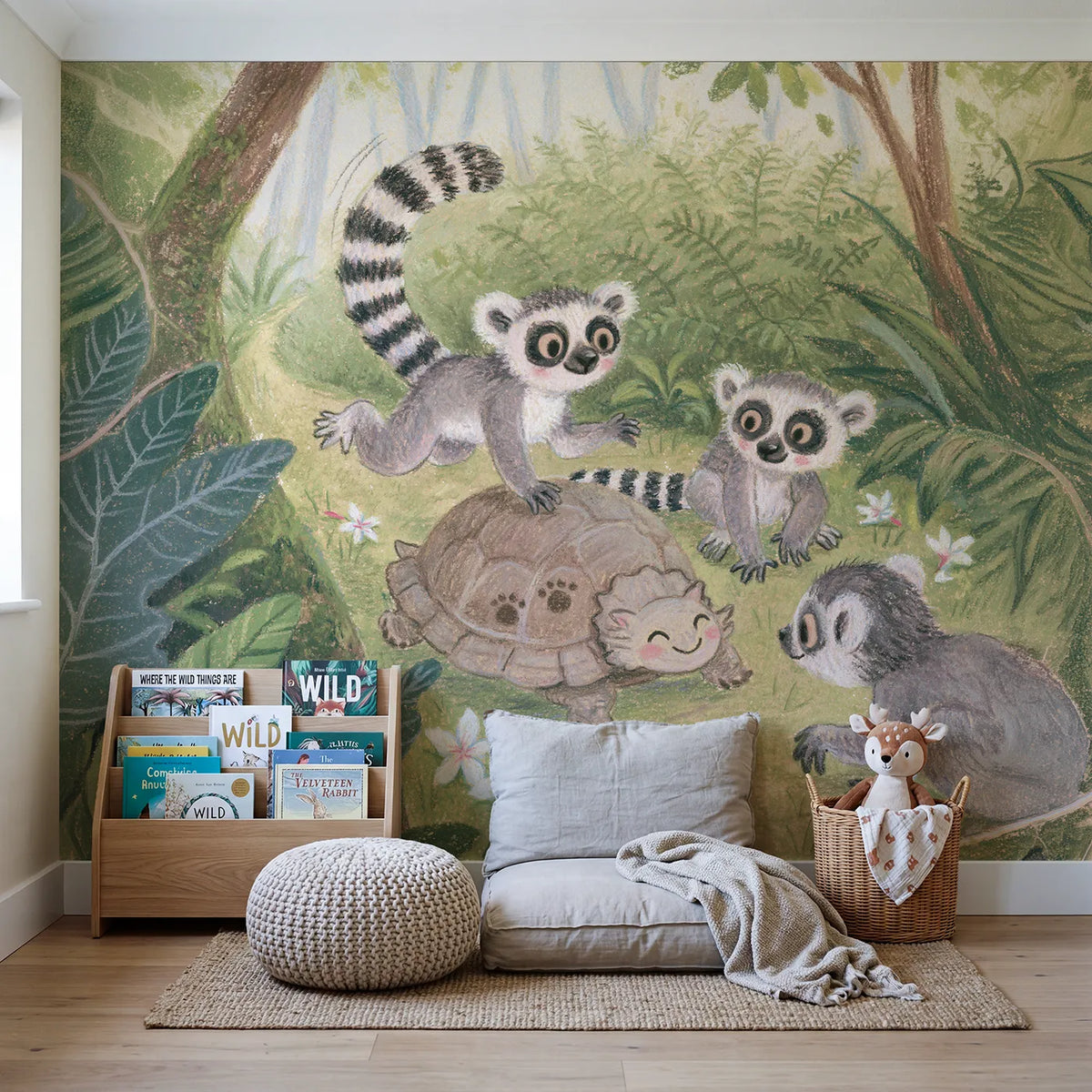 Lemur Leapfrog Wallpaper Mural in playroom setting by Whimsy Tots
