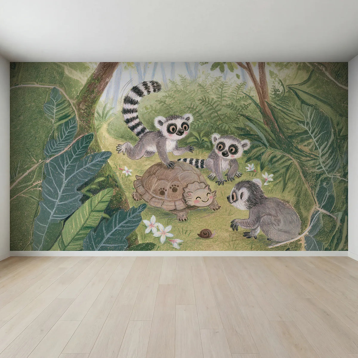 Full view of Lemur Leapfrog Wallpaper Mural by Whimsy Tots