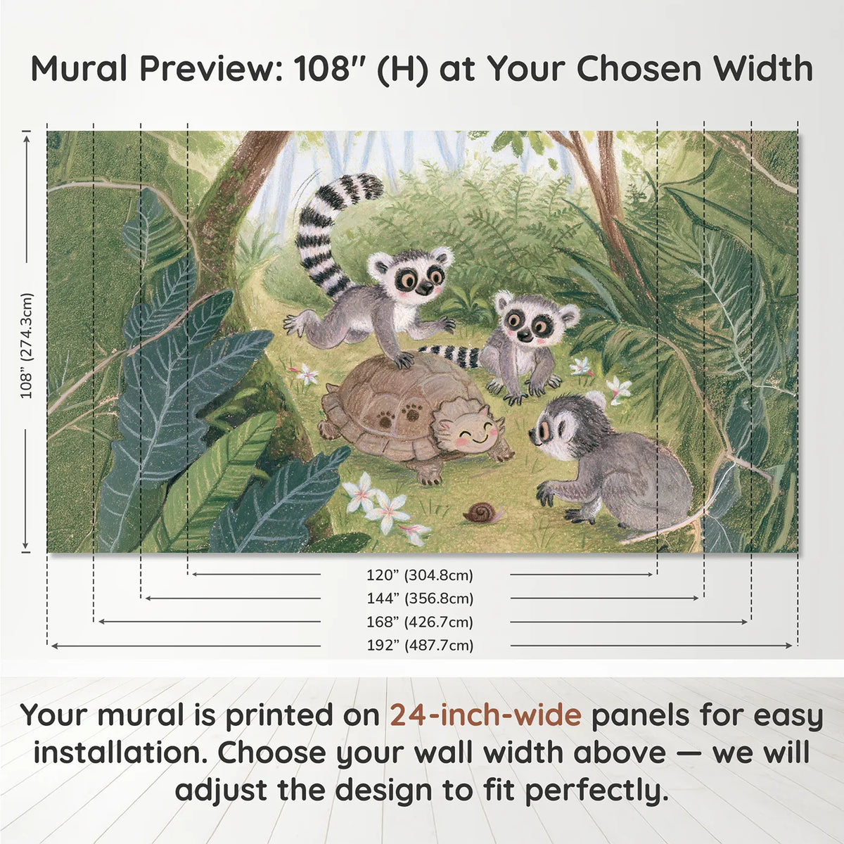 Panel layout and dimensions for Lemur Leapfrog Wallpaper Mural by Whimsy Tots