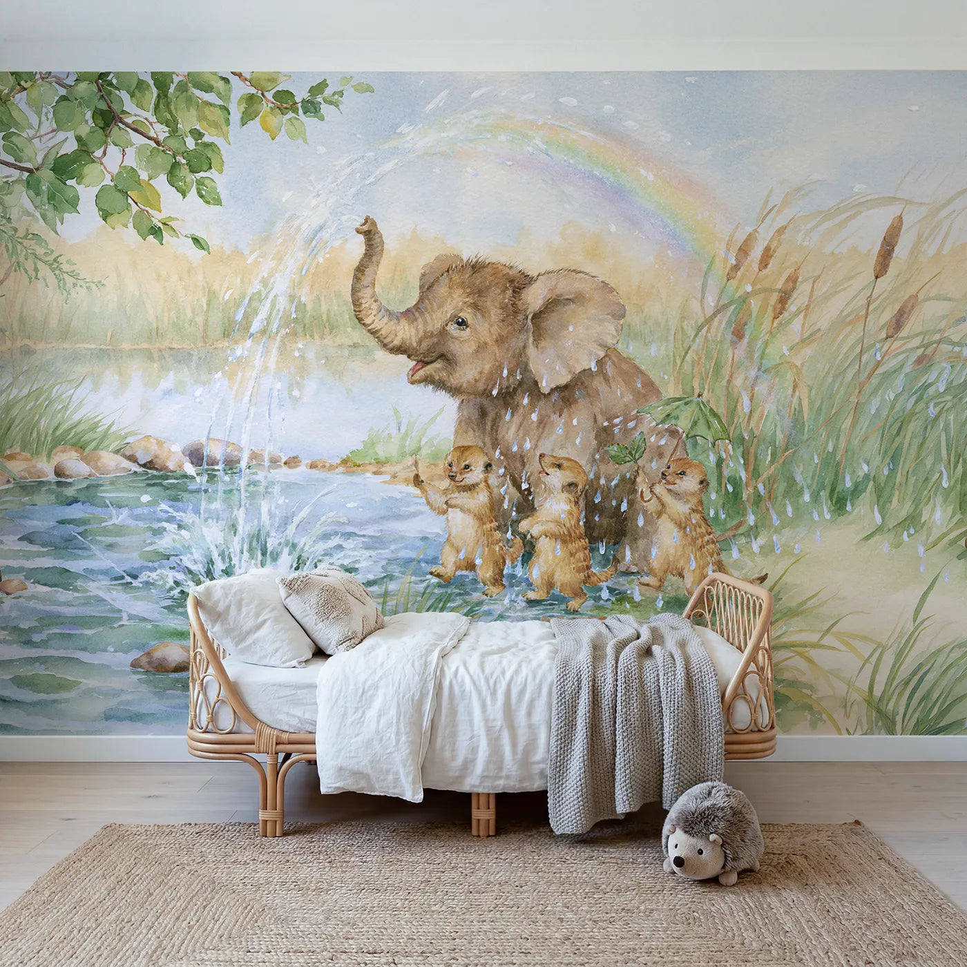 Watercolor elephant sprinkler with meerkat pups, wallpaper mural for a kids room by Whimsy Tots