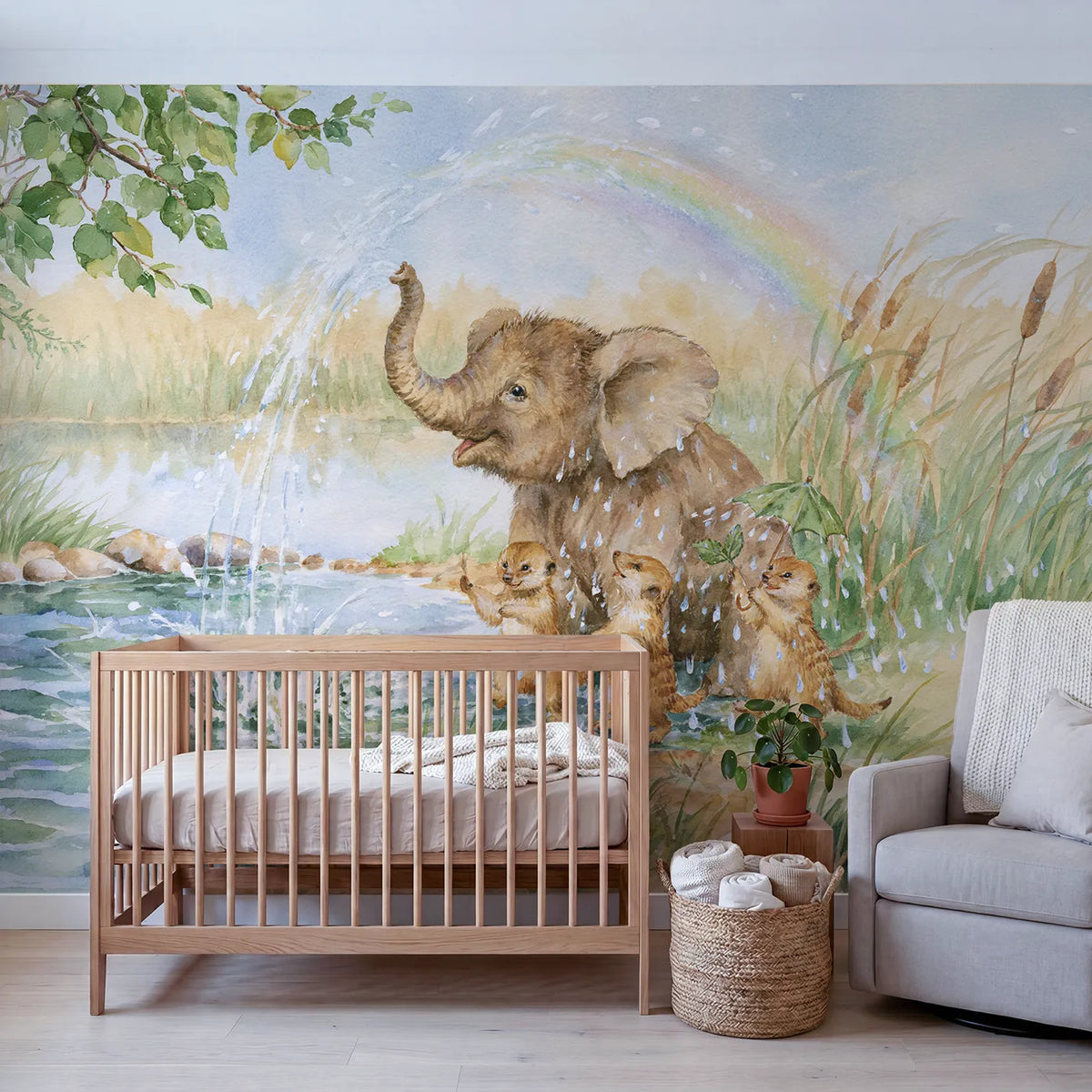 Elephant Trunk Sprinkler Wallpaper Mural in playroom setting by Whimsy Tots