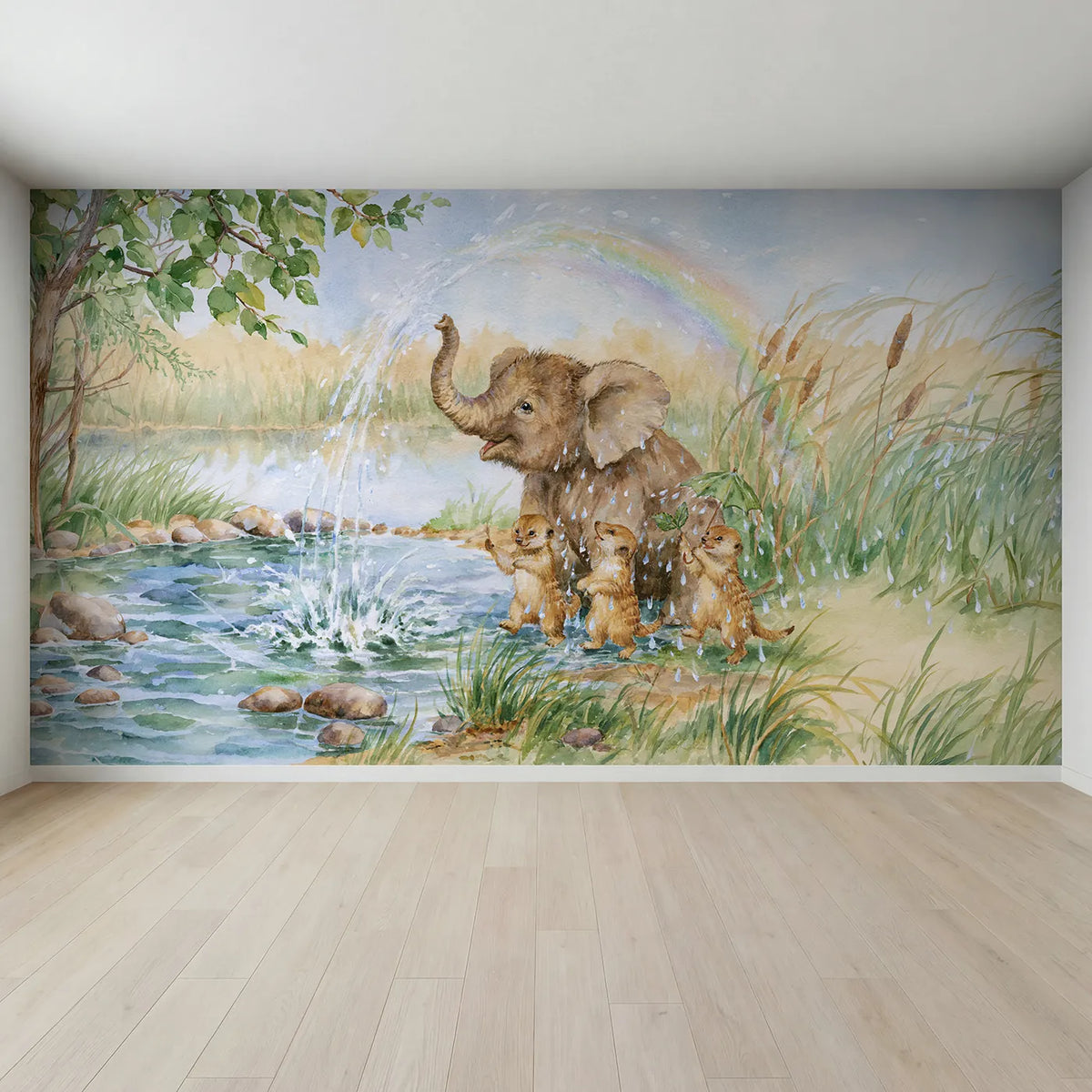 Full view of Elephant Trunk Sprinkler Wallpaper Mural by Whimsy Tots