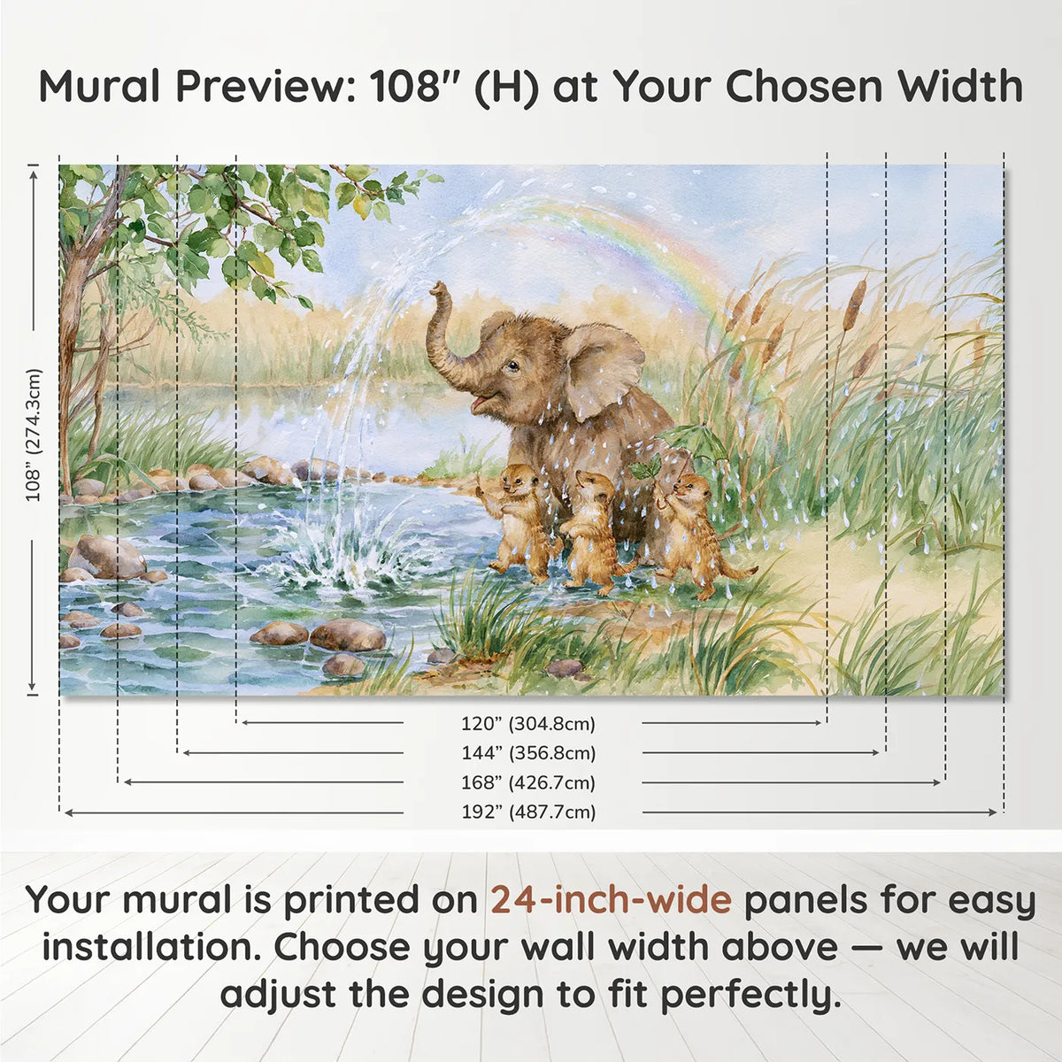 Panel layout and dimensions for Elephant Trunk Sprinkler Wallpaper Mural by Whimsy Tots