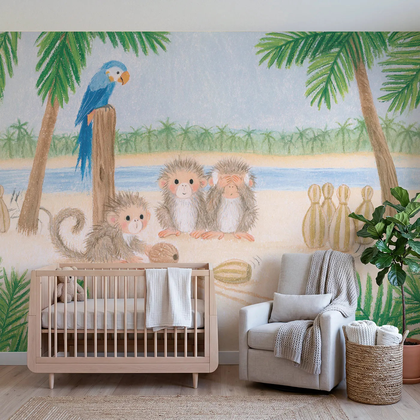 Colored Pencil monkeys bowling at gourd pins, wallpaper mural for a bedroom by Whimsy Tots