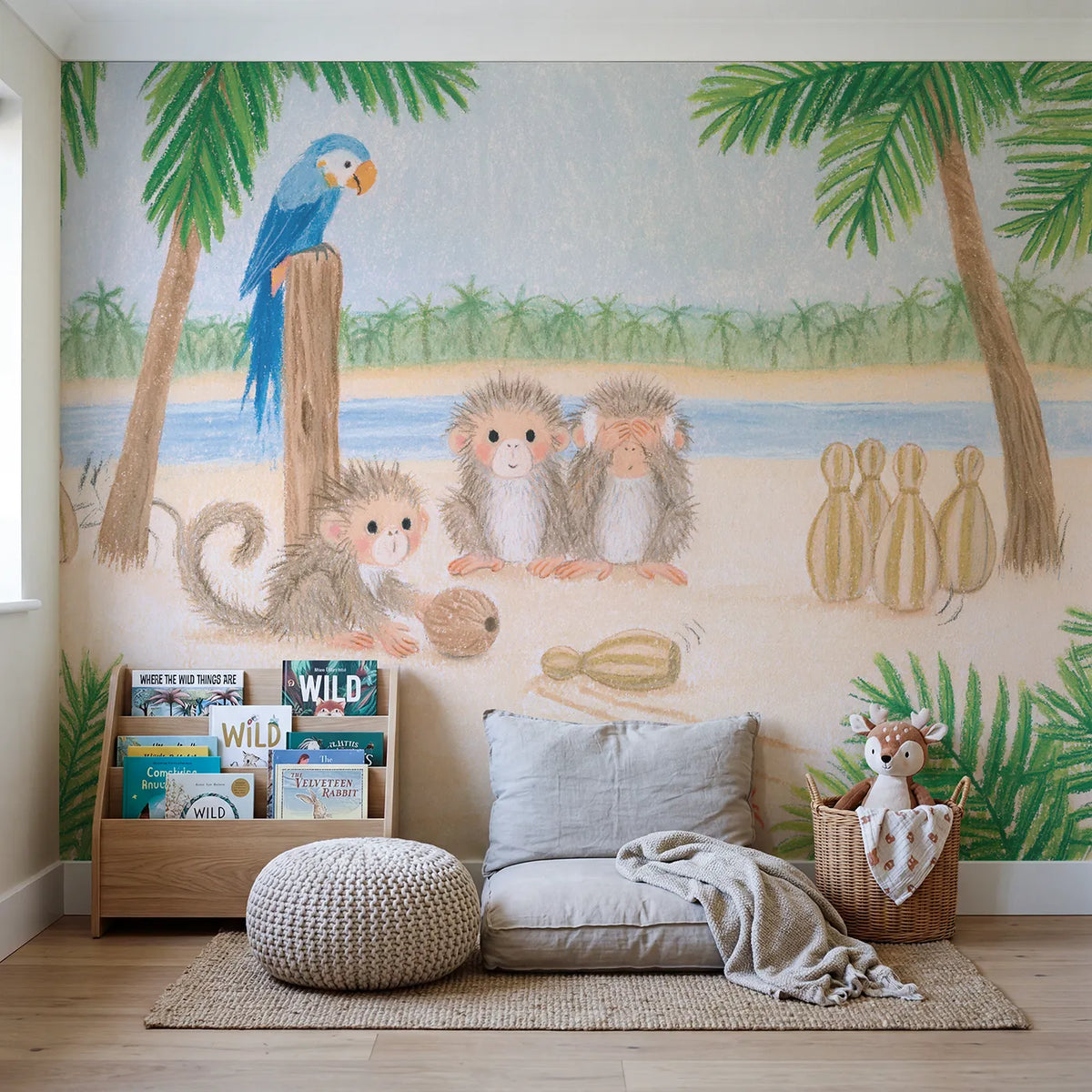 Monkey Coconut Bowling Wallpaper Mural in playroom setting by Whimsy Tots