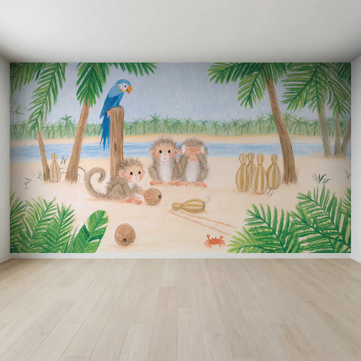 Full view of Monkey Coconut Bowling Wallpaper Mural by Whimsy Tots