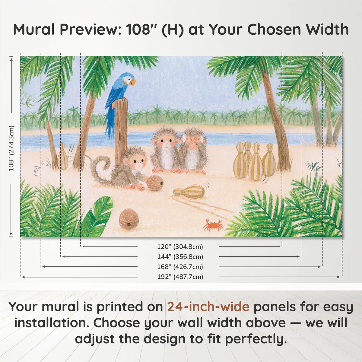 Panel layout and dimensions for Monkey Coconut Bowling Wallpaper Mural by Whimsy Tots