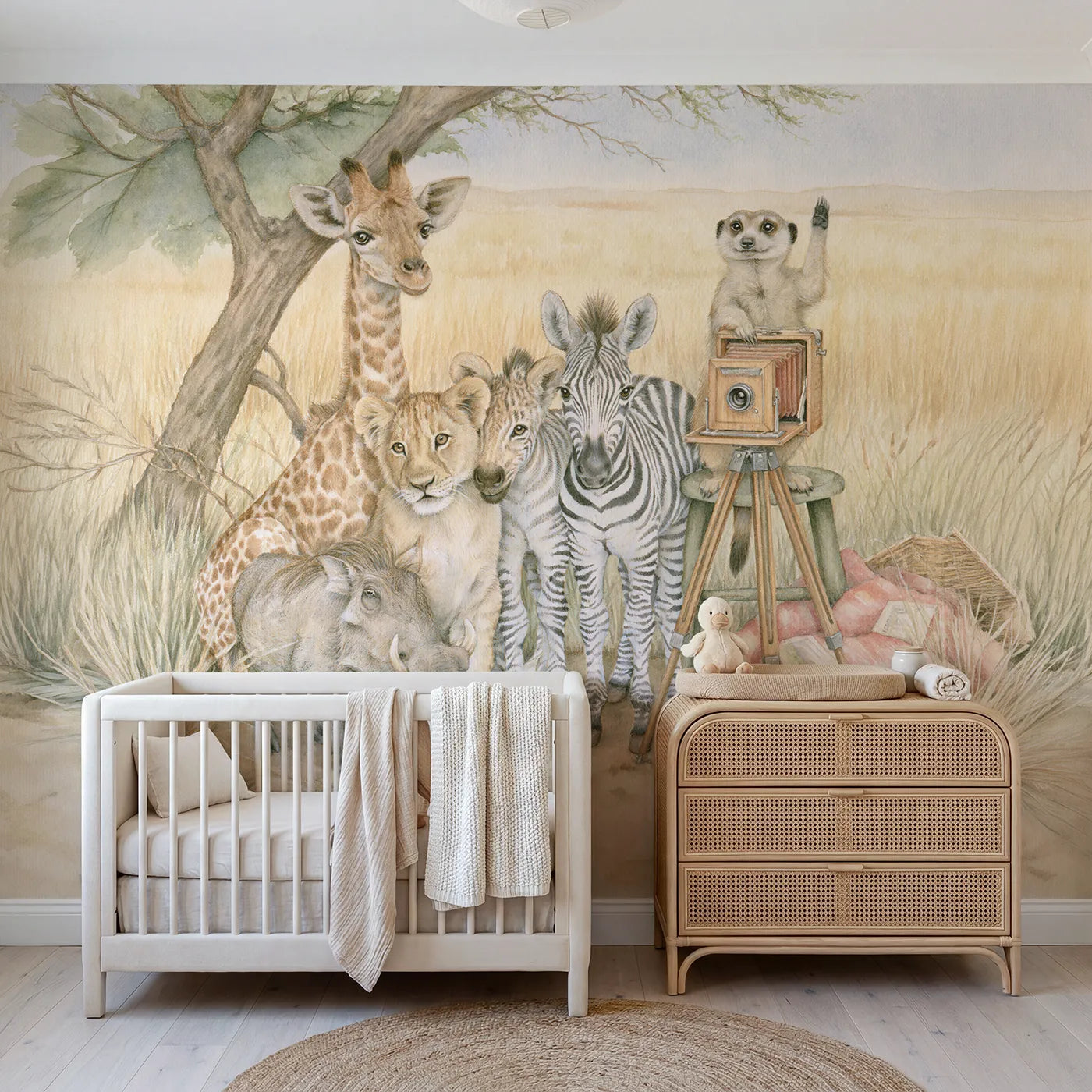 Storybook savanna animals posing for a group photo, wall mural for a kids room by Whimsy Tots