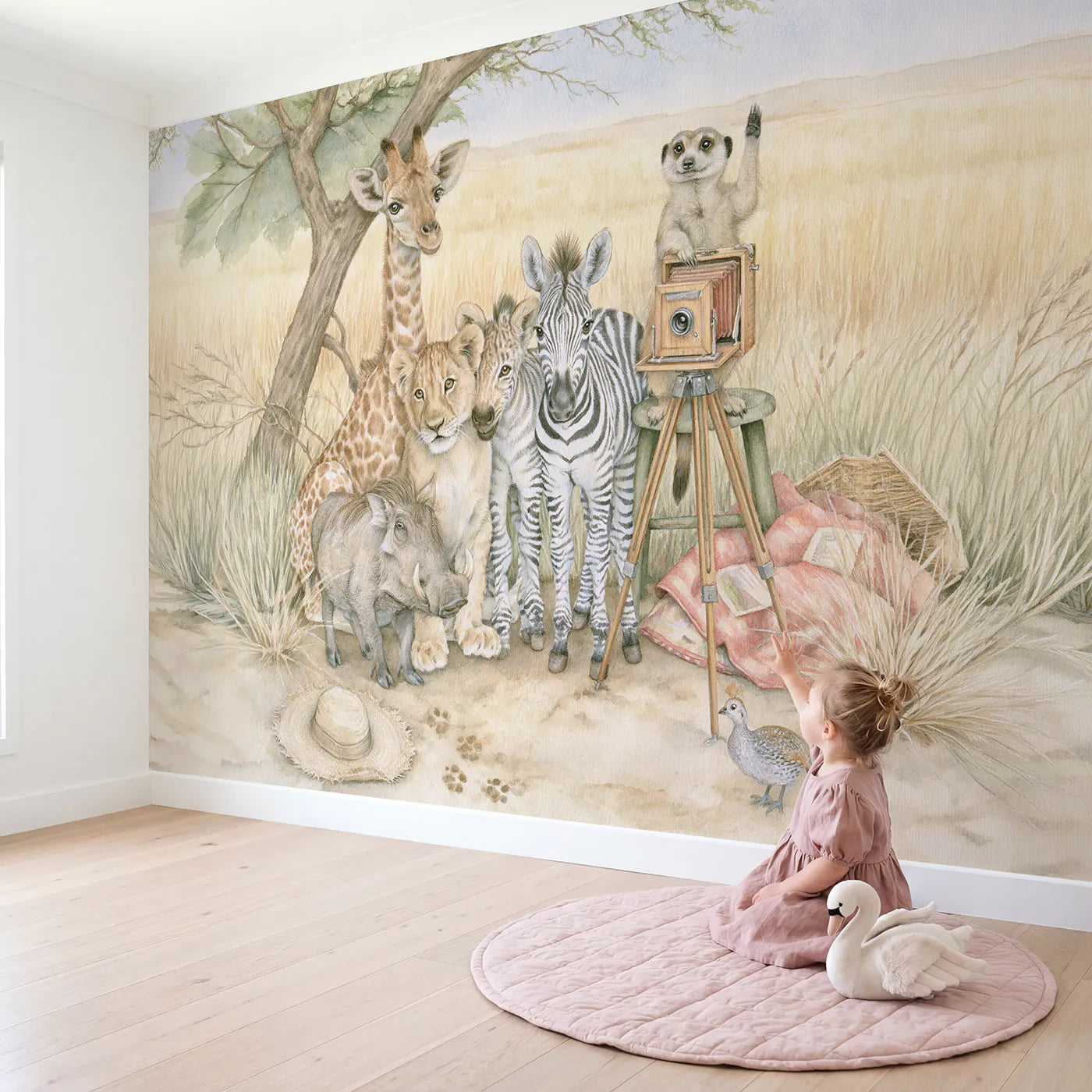 Child in nursery with Savanna Picture Day Wallpaper Mural by Whimsy Tots