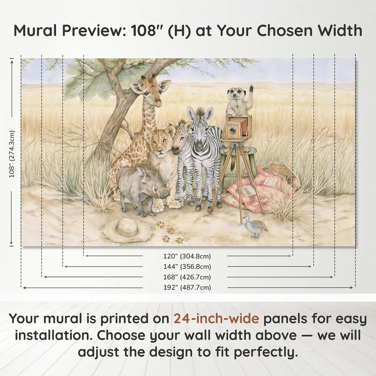 Panel layout and dimensions for Savanna Picture Day Wallpaper Mural by Whimsy Tots