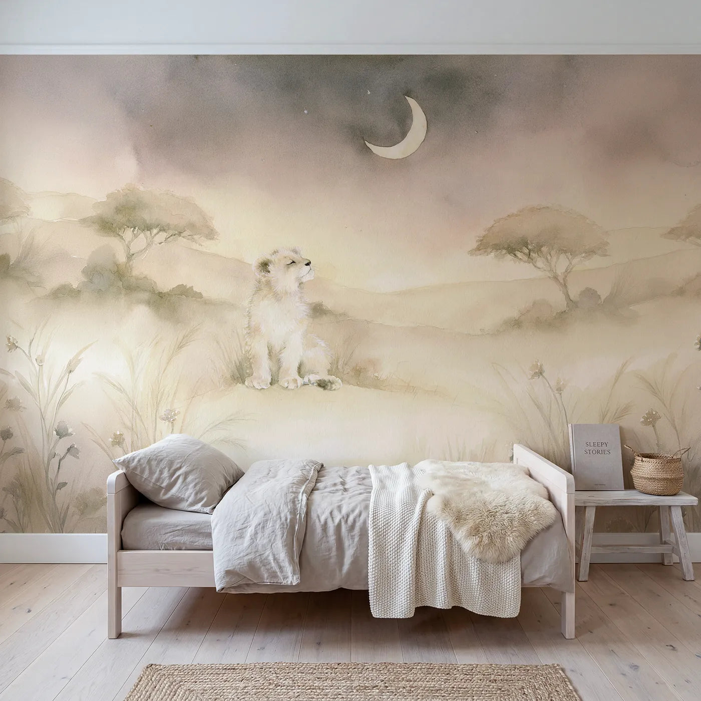 Watercolor wall mural of a cub beneath a crescent moon by Whimsy Tots