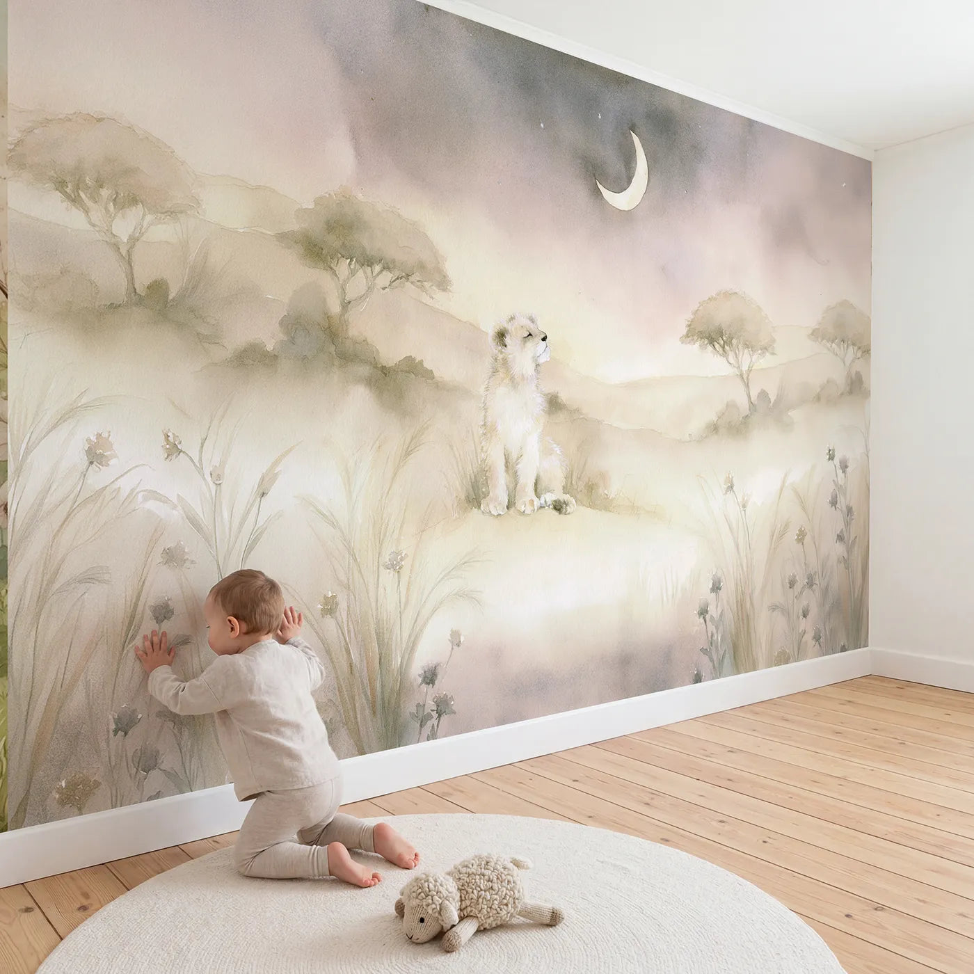 Child in nursery with Crescent Moon Cub Wallpaper Mural by Whimsy Tots