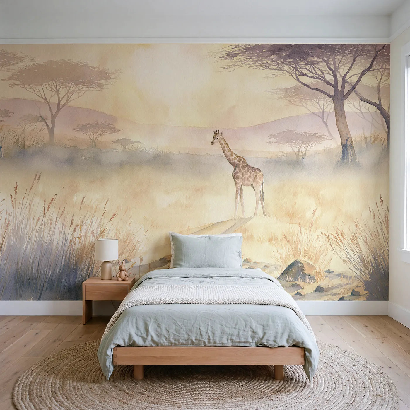 Watercolor wall mural of a sleepy giraffe at twilight by Whimsy Tots