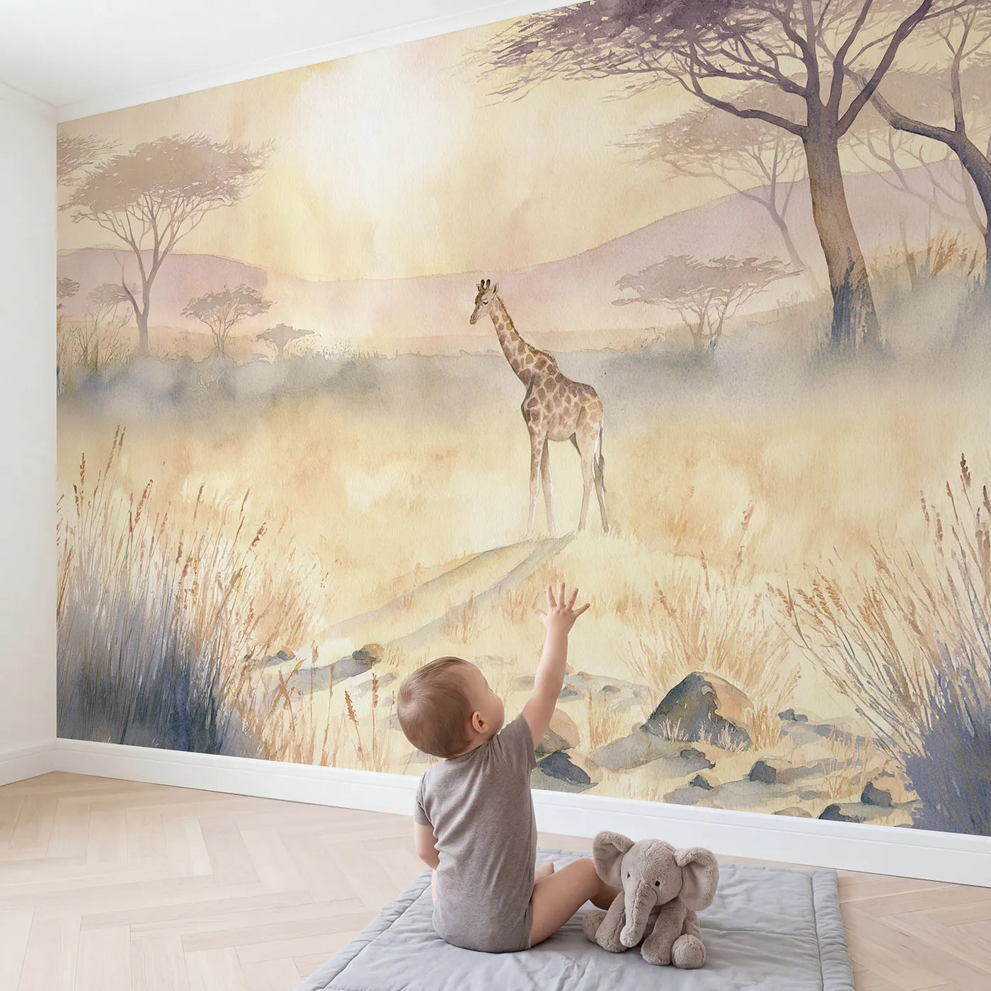 Child in nursery with Twilight Sleepy Giraffe Wallpaper Mural by Whimsy Tots