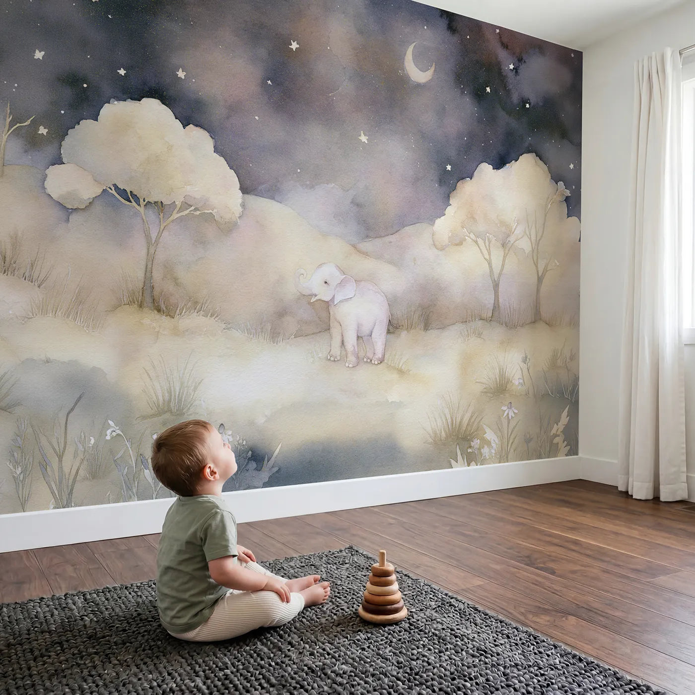 Child in nursery with Starry Night Elephant Wallpaper Mural by Whimsy Tots