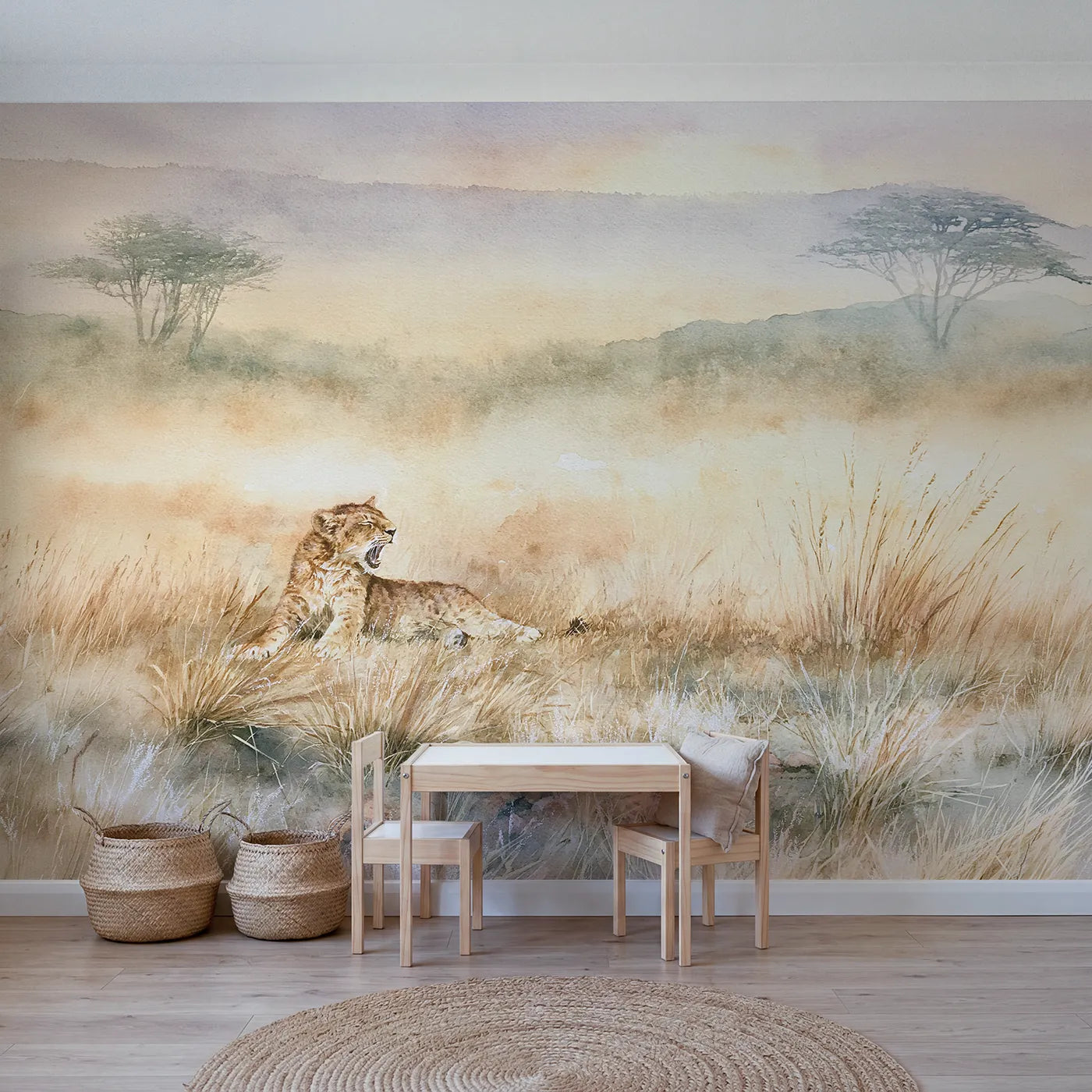 Watercolor wall mural of a yawning lion cub at dawn by Whimsy Tots